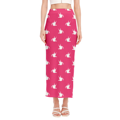 White Dove Breast Cancer Pattern Print Side Slit Maxi Skirt