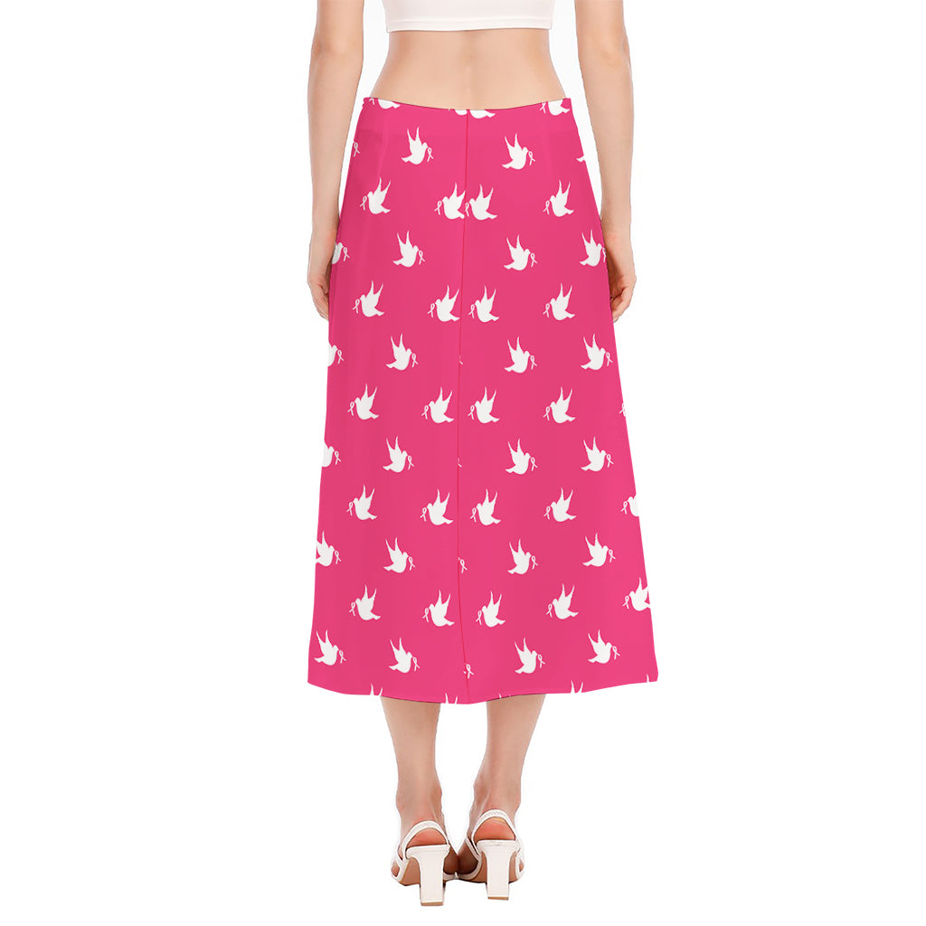 White Dove Breast Cancer Pattern Print Side Slit Midi Skirt