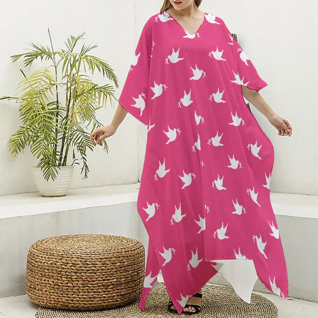 White Dove Breast Cancer Pattern Print Silk V-Neck Kaftan Dress