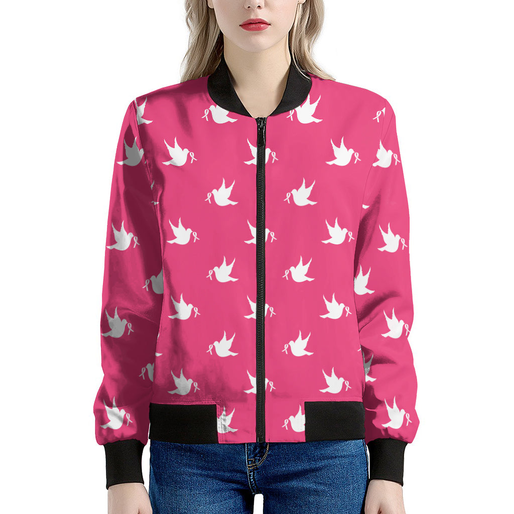 White Dove Breast Cancer Pattern Print Women's Bomber Jacket