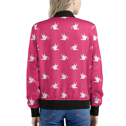 White Dove Breast Cancer Pattern Print Women's Bomber Jacket