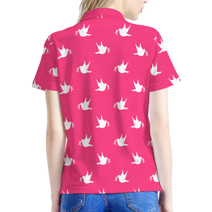 White Dove Breast Cancer Pattern Print Women's Polo Shirt