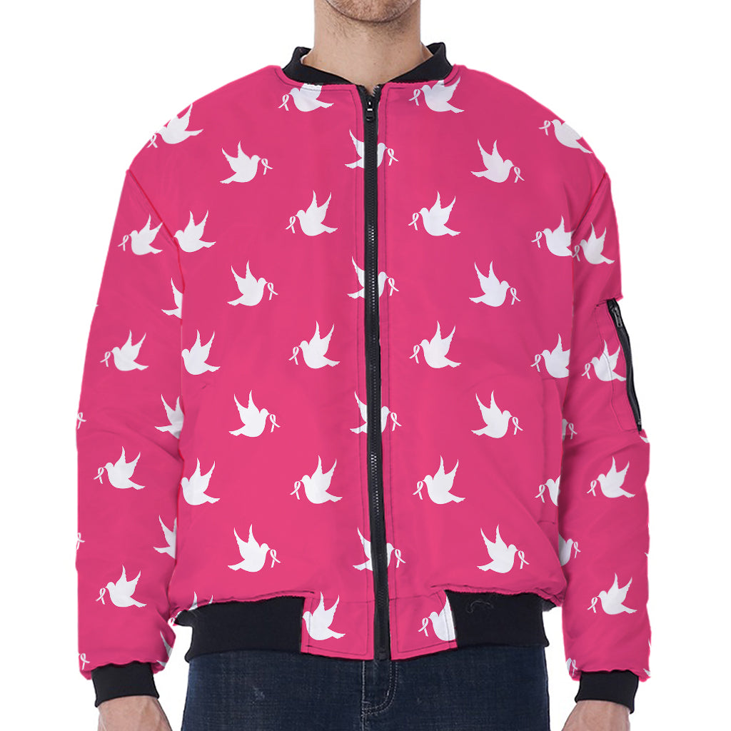 White Dove Breast Cancer Pattern Print Zip Sleeve Bomber Jacket