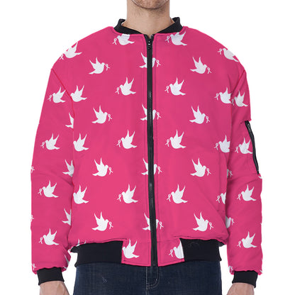 White Dove Breast Cancer Pattern Print Zip Sleeve Bomber Jacket