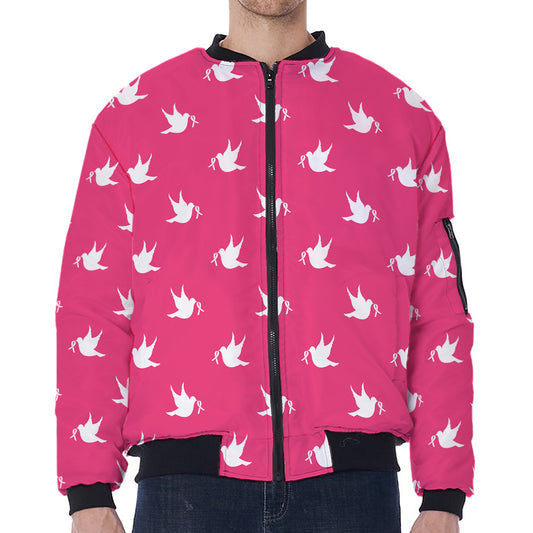 White Dove Breast Cancer Pattern Print Zip Sleeve Bomber Jacket