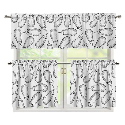 White Eggplant Drawing Print 3 Piece Kitchen Curtains