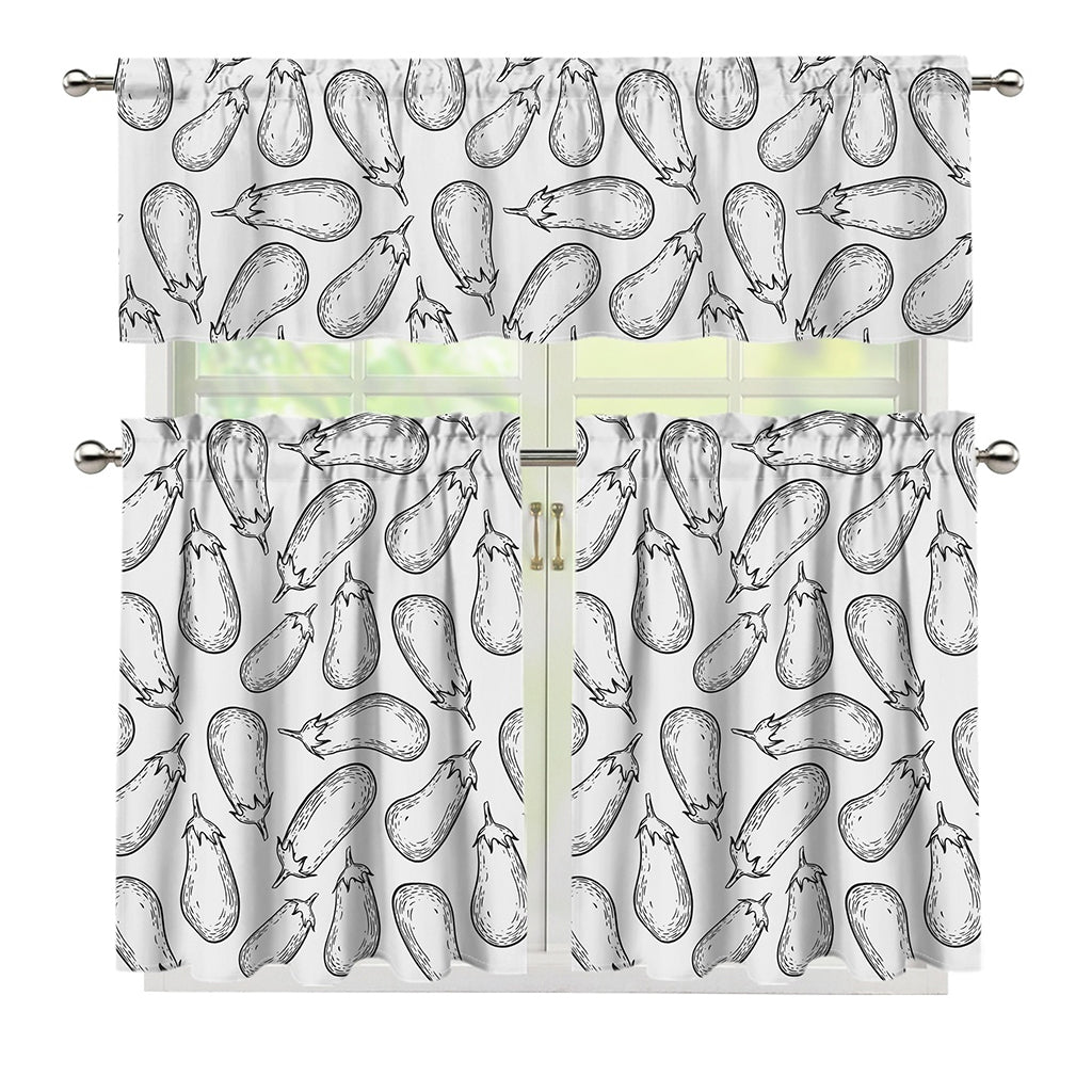 White Eggplant Drawing Print 3 Piece Kitchen Curtains