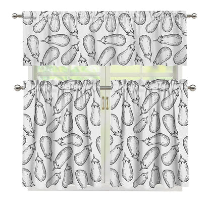 White Eggplant Drawing Print 3 Piece Kitchen Curtains