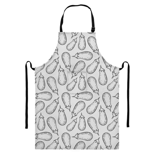 White Eggplant Drawing Print Bib Apron With Pocket