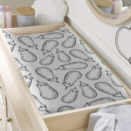 White Eggplant Drawing Print Changing Pad Cover