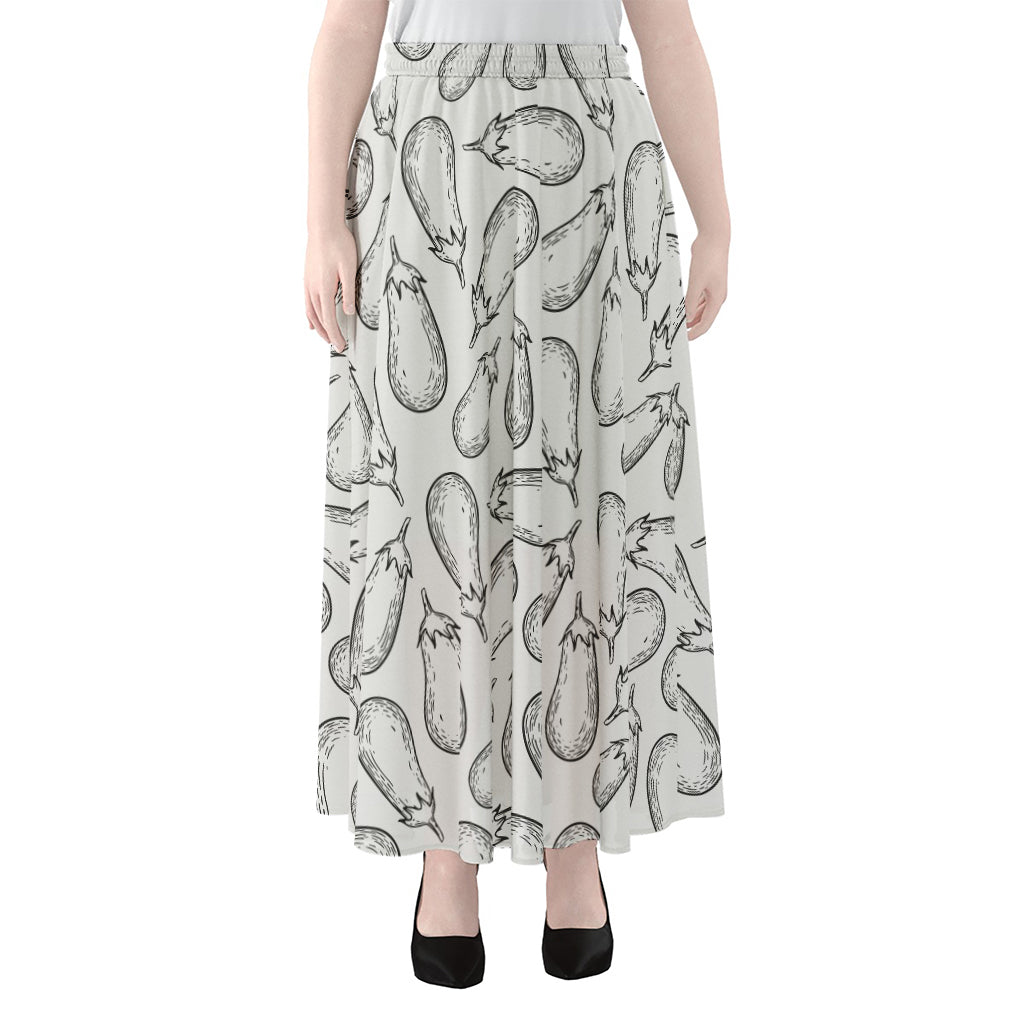 White Eggplant Drawing Print Chiffon Maxi Skirt