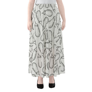 White Eggplant Drawing Print Chiffon Maxi Skirt