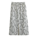 White Eggplant Drawing Print Cotton Front Slit Maxi Skirt