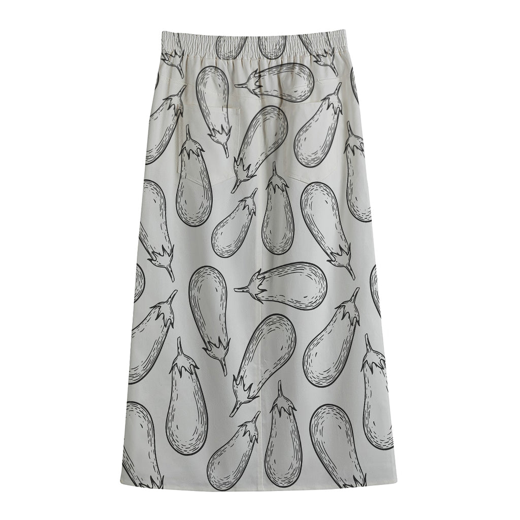 White Eggplant Drawing Print Cotton Front Slit Maxi Skirt