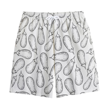 White Eggplant Drawing Print Cotton Shorts