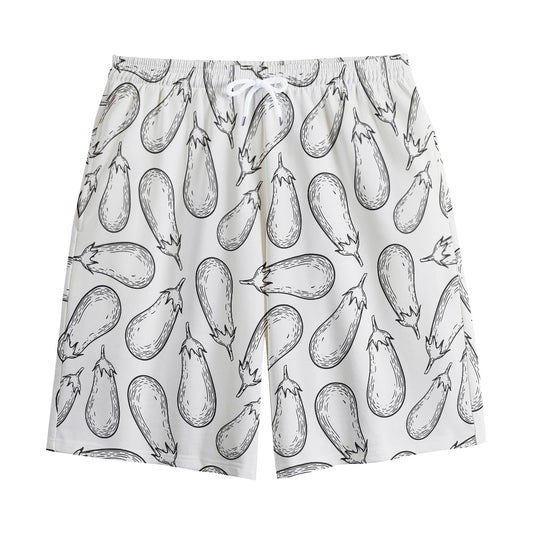 White Eggplant Drawing Print Cotton Shorts