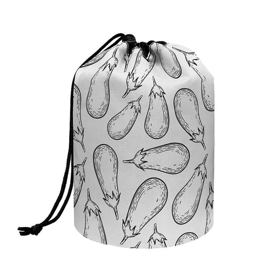 White Eggplant Drawing Print Drawstring Makeup Bag