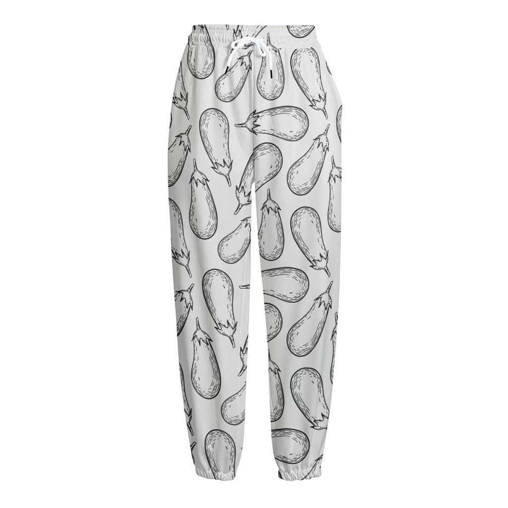 White Eggplant Drawing Print Fleece Lined Knit Pants