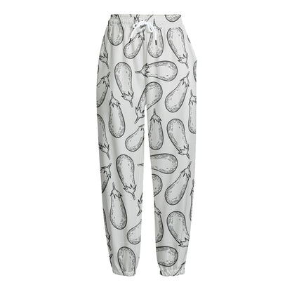 White Eggplant Drawing Print Fleece Lined Knit Pants