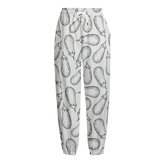 White Eggplant Drawing Print Fleece Lined Knit Pants