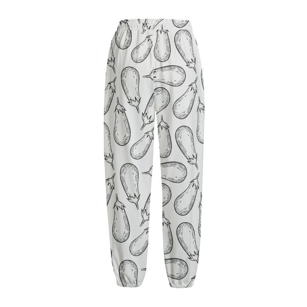 White Eggplant Drawing Print Fleece Lined Knit Pants