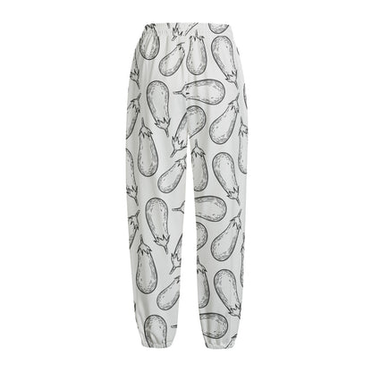 White Eggplant Drawing Print Fleece Lined Knit Pants