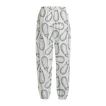 White Eggplant Drawing Print Fleece Lined Knit Pants