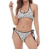 White Eggplant Drawing Print Halter Scoop Tie Side Bikini