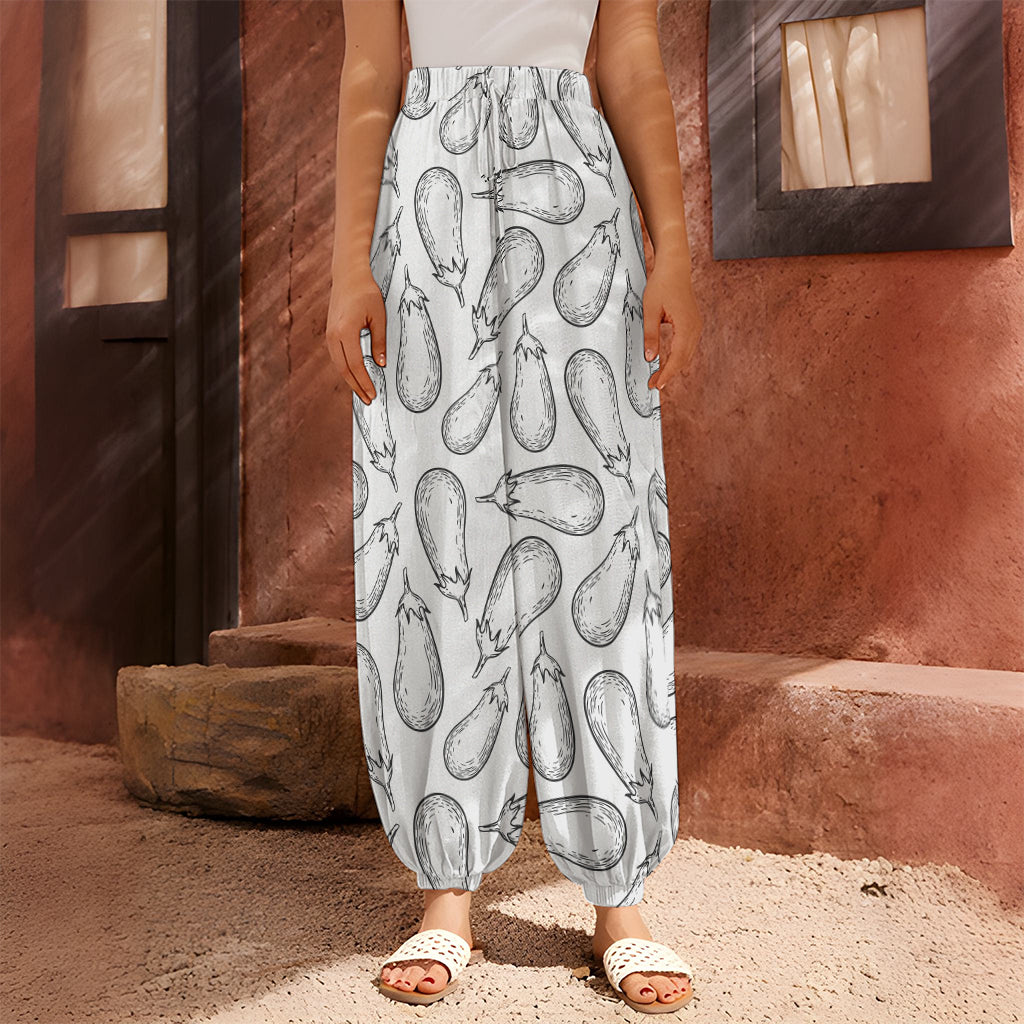 White Eggplant Drawing Print Harem Pants