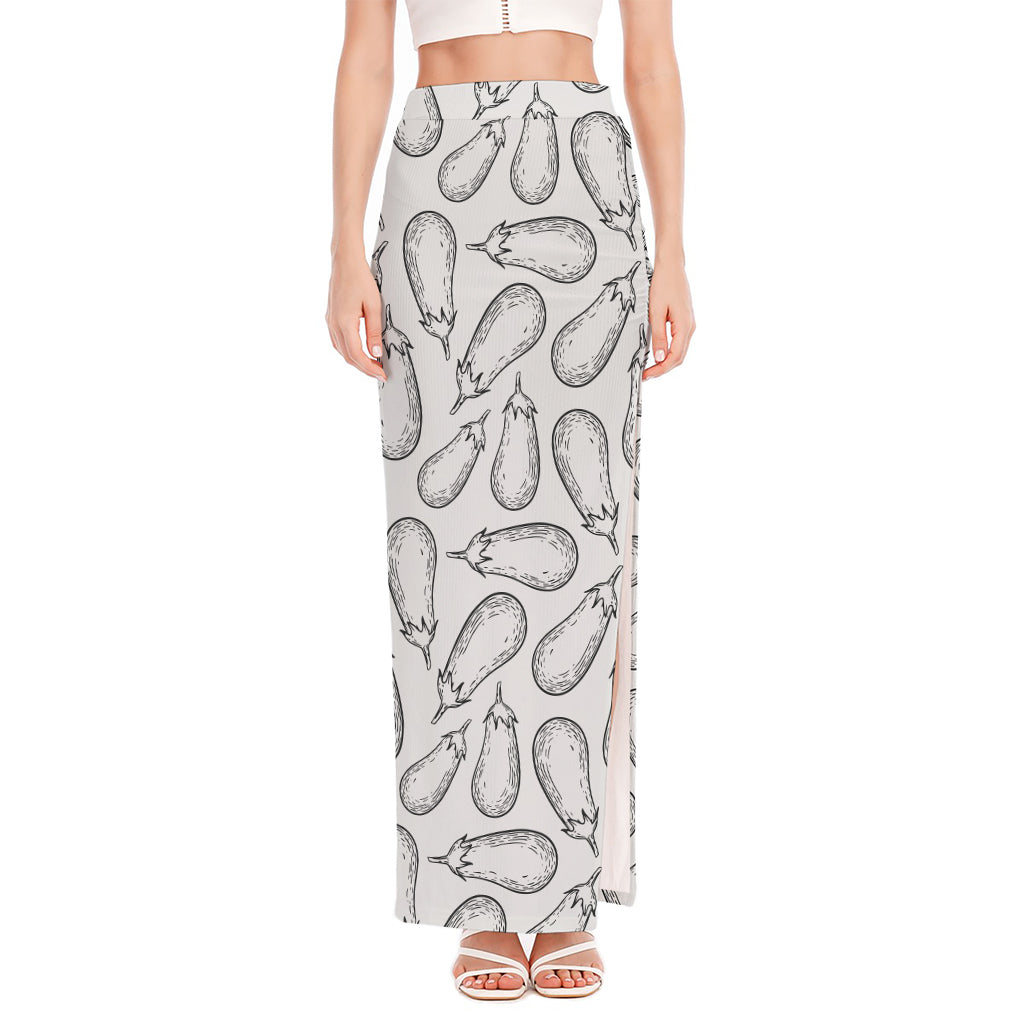 White Eggplant Drawing Print High Slit Maxi Skirt