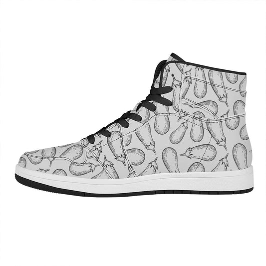 White Eggplant Drawing Print High Top Leather Sneakers