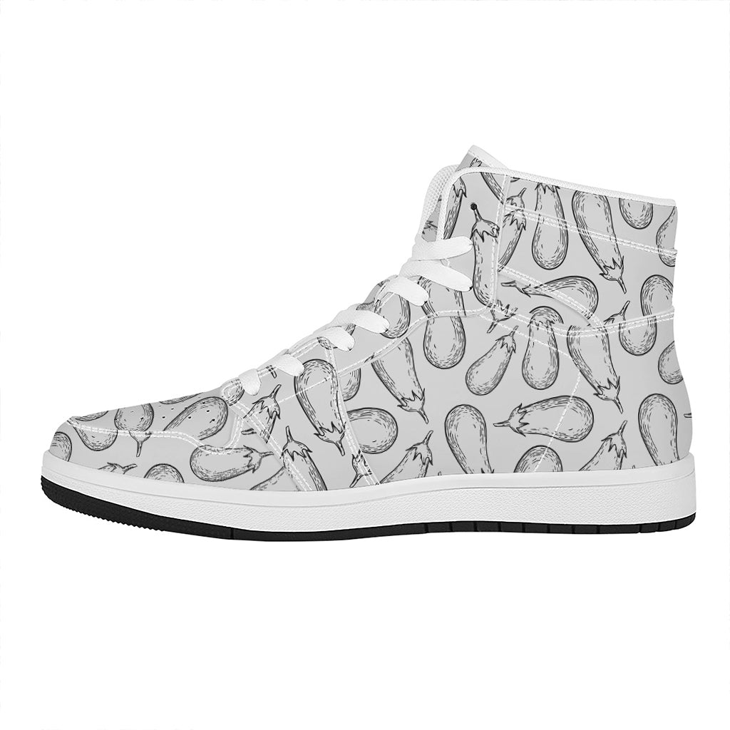 White Eggplant Drawing Print High Top Leather Sneakers