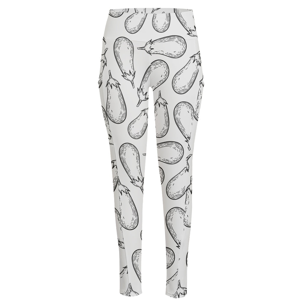 White Eggplant Drawing Print High-Waisted Pocket Leggings