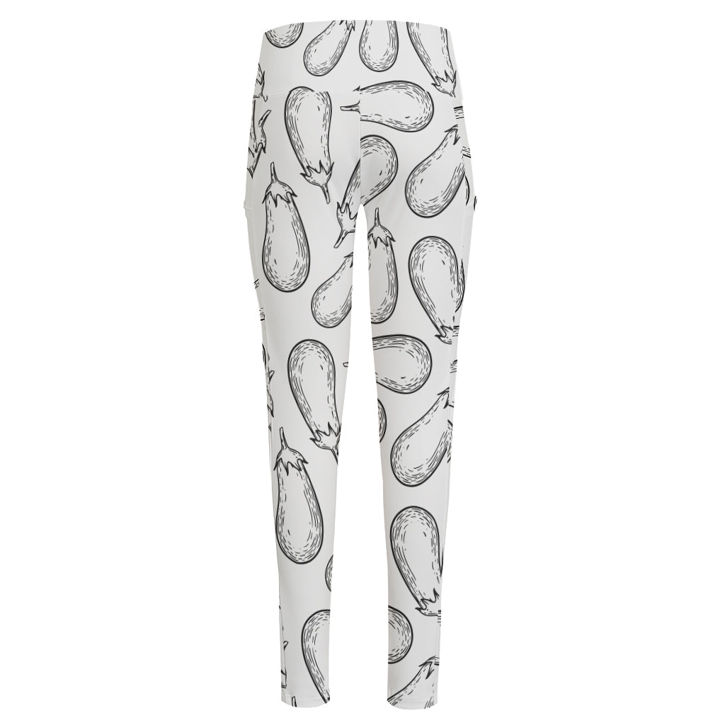 White Eggplant Drawing Print High-Waisted Pocket Leggings