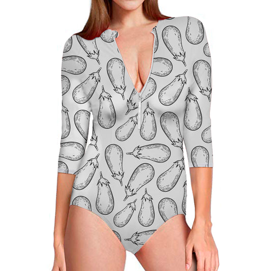 White Eggplant Drawing Print Long Sleeve Swimsuit