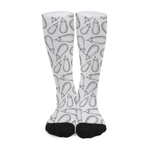 White Eggplant Drawing Print Long Socks