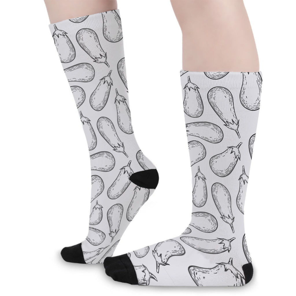 White Eggplant Drawing Print Long Socks