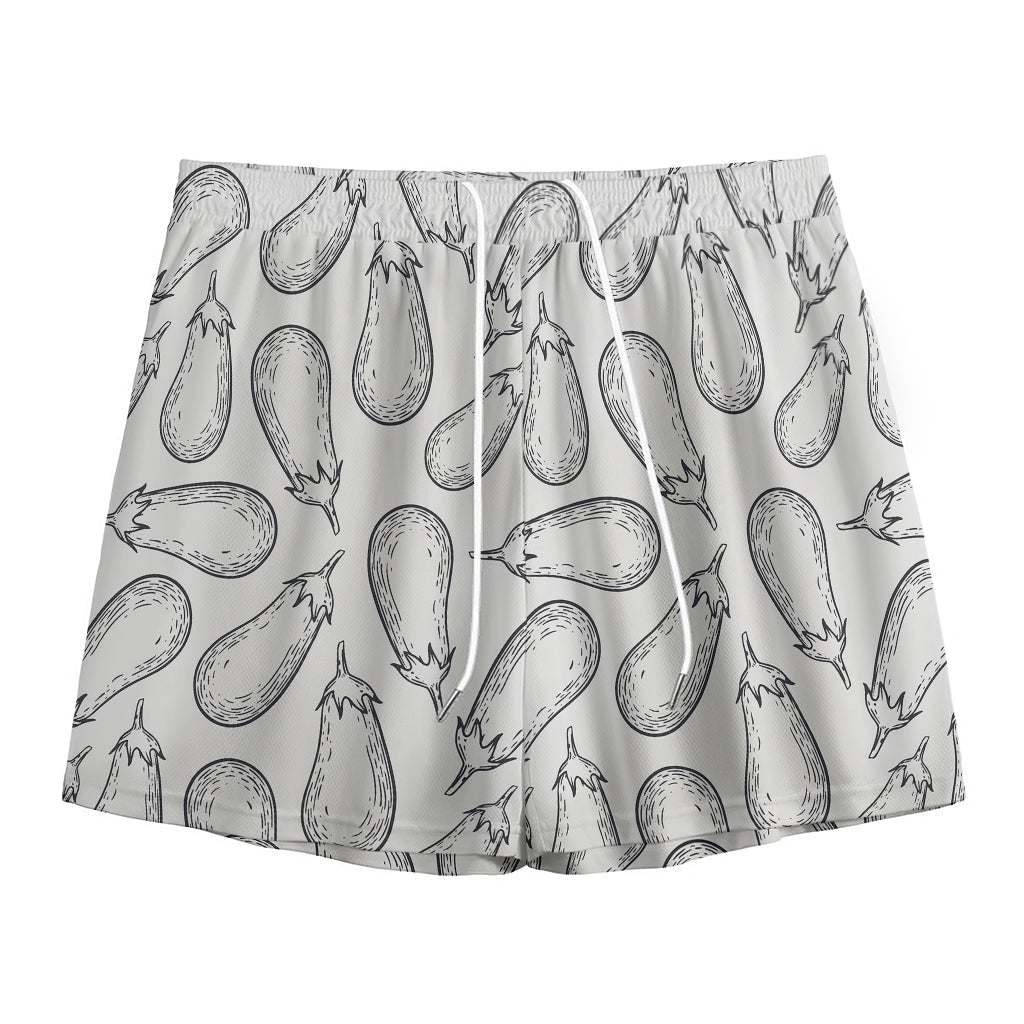 White Eggplant Drawing Print Mesh Shorts