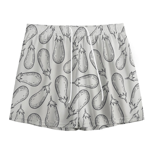 White Eggplant Drawing Print Mesh Shorts