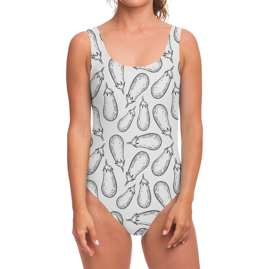 White Eggplant Drawing Print One Piece Swimsuit