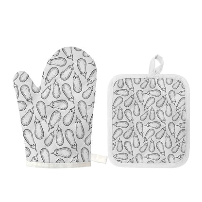 White Eggplant Drawing Print Oven Mitt And Pot Holder Set