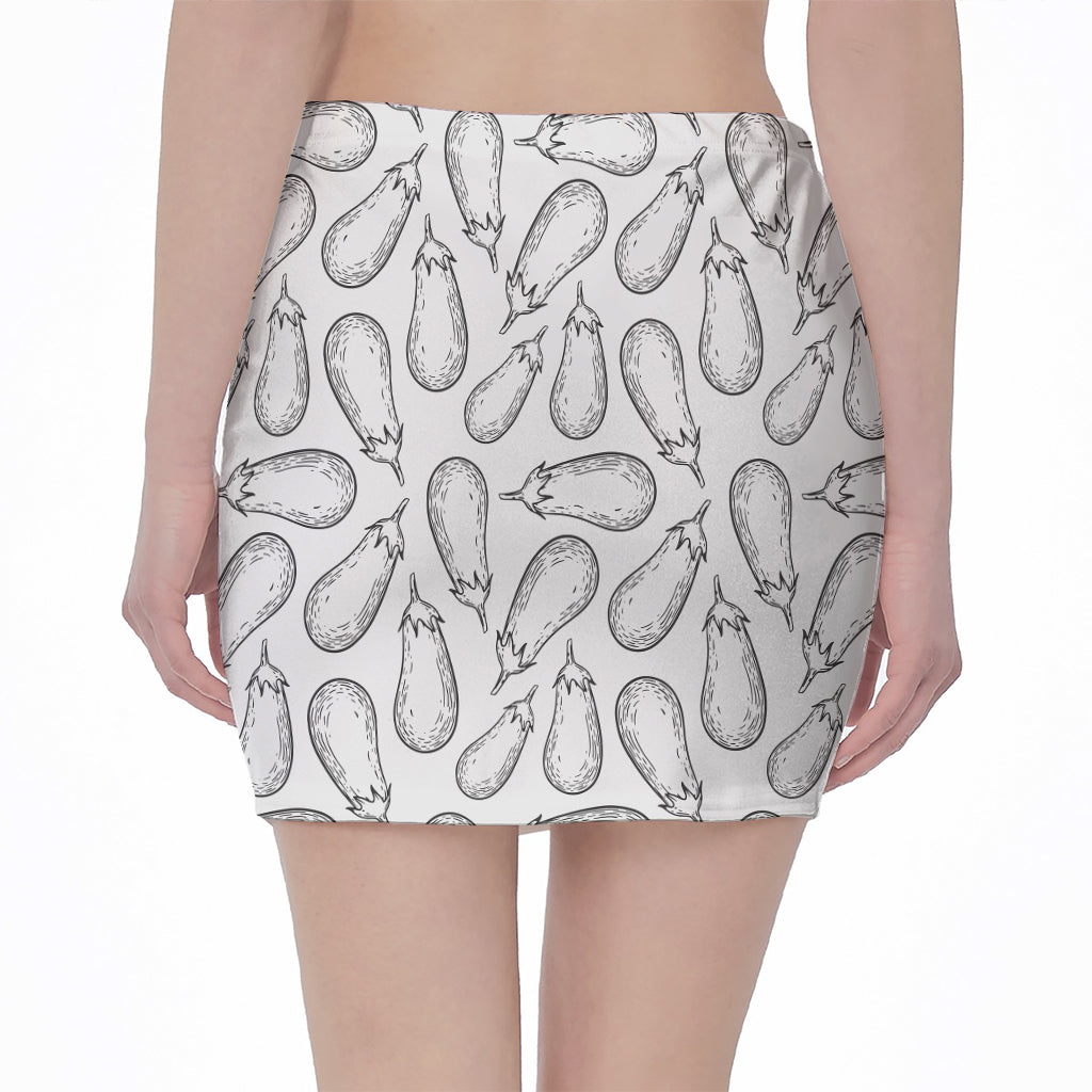 White Eggplant Drawing Print Pencil Mini Skirt