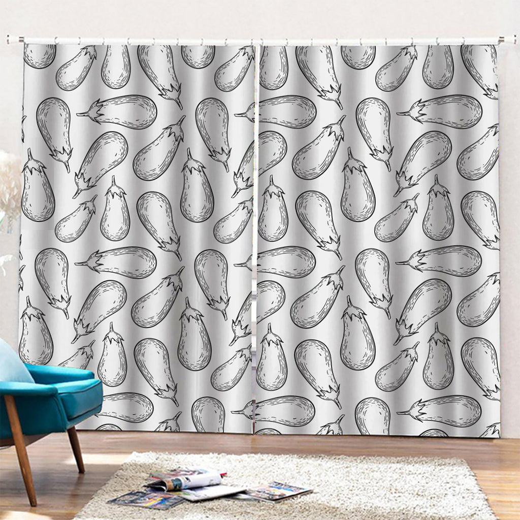 White Eggplant Drawing Print Pencil Pleat Curtains