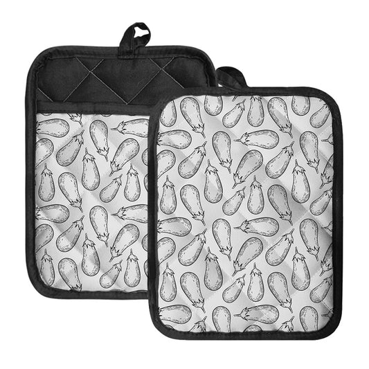 White Eggplant Drawing Print Pot Holders With Pocket