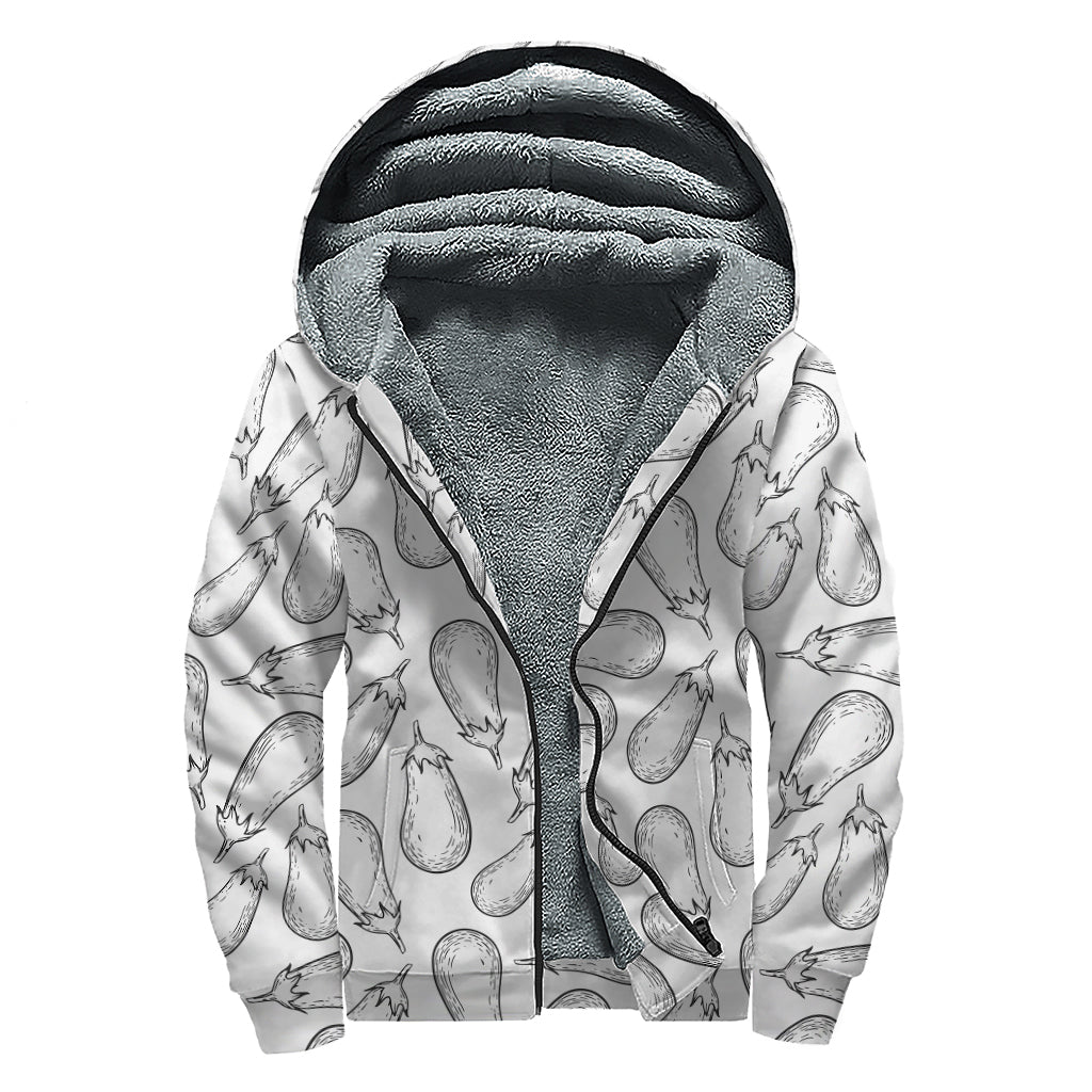 White Eggplant Drawing Print Sherpa Lined Zip Up Hoodie