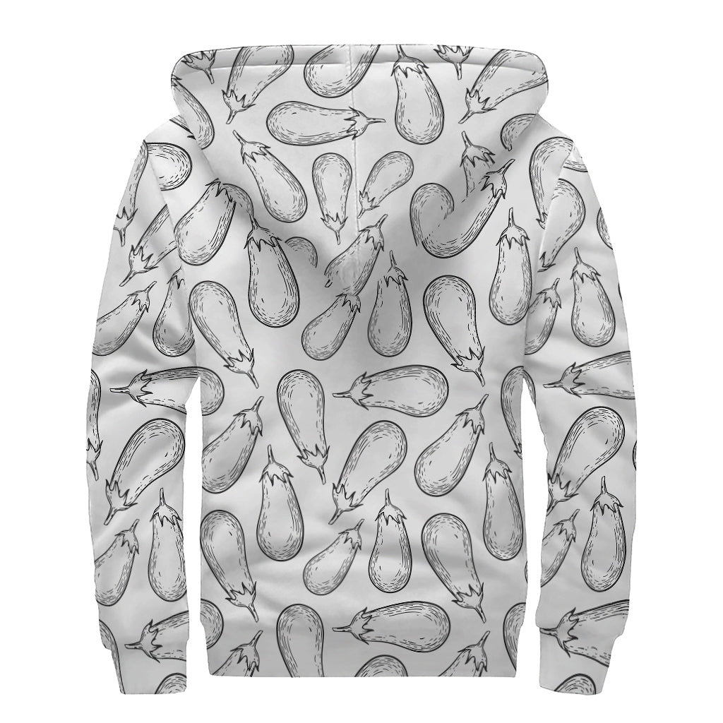 White Eggplant Drawing Print Sherpa Lined Zip Up Hoodie