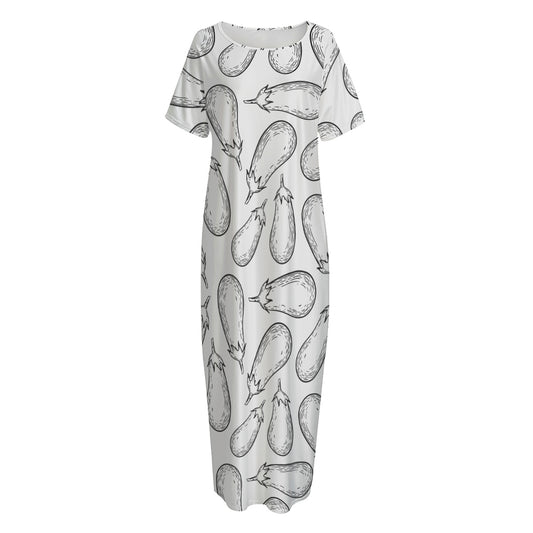 White Eggplant Drawing Print Short Sleeve Long Nightdress