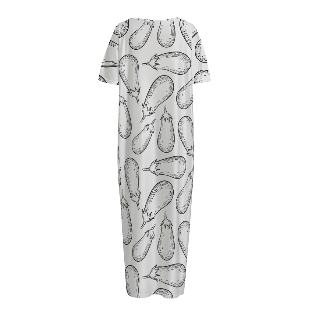 White Eggplant Drawing Print Short Sleeve Long Nightdress