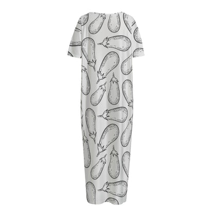 White Eggplant Drawing Print Short Sleeve Long Nightdress
