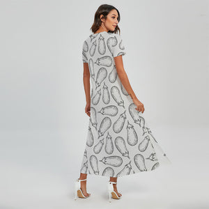 White Eggplant Drawing Print Short Sleeve Maxi Dress